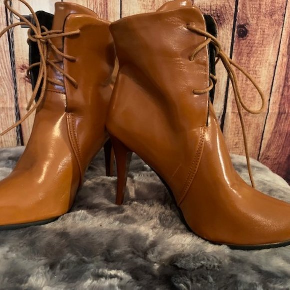 Cognac Laced Up Heel Boots - Picture 5 of 8